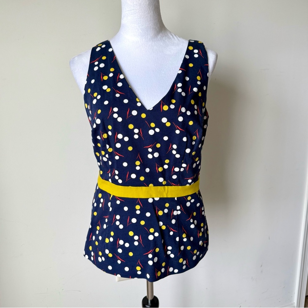 Boden Navy Sinead V-Neck Sleeveless Polka Dot Peplum Top—SZ. 8